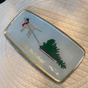 🎄Festive Happy Howl-idays Dog /Sled Glass Holiday Gold Accented rectangular dish